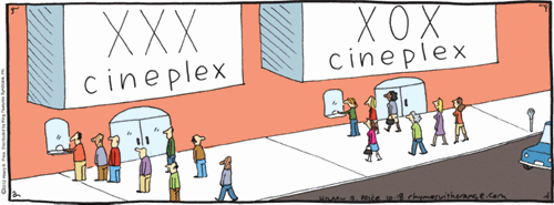 The marquee, vignetta di Rhymes with Orange    [al cinema: soli uomini per il film XXX, donne per quello XOX!]
