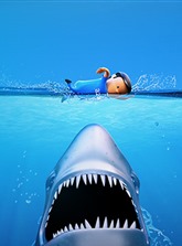 Immagine con lo squalo, raffigurato come nel film di Spielberg, che sta per sbranare un nuotatore con la scritta A2A