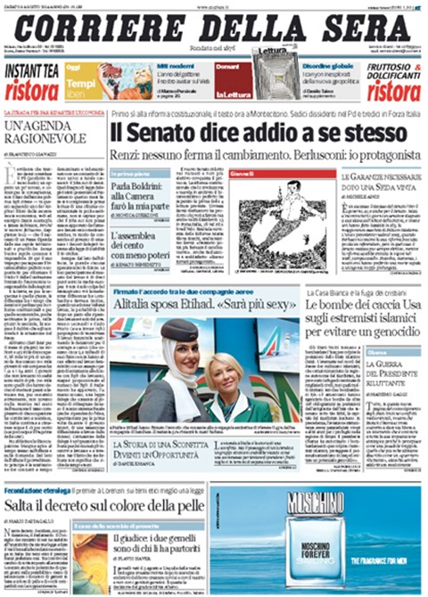 Alitalia sposa Etihad. «Sarà più sexy» – titolo in prima pagina del Corriere della Sera del 9 agosto 2014