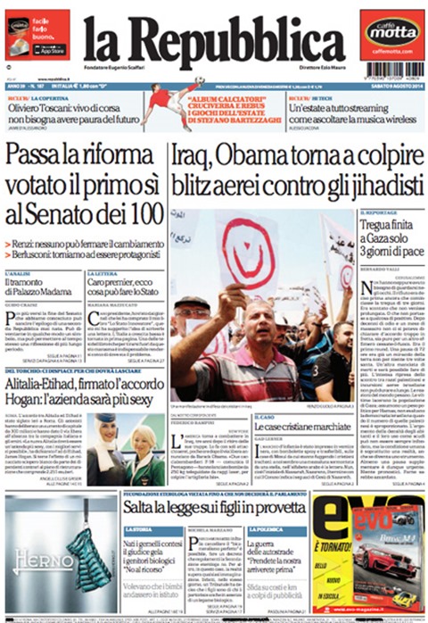 Alitalia-Etihad, firmato l’accordo. Hogan: l’azienda sarà più sexy.  Titolo in prima pagina della Repubblica del 9 agosto 2014