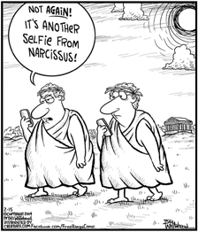 vignetta Bill Whitehead: due antichi greci con smartphone, uno dei due commenta “Not AGAIN! It’s another selfie from Narcissus!” 
