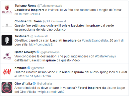 esempi di uso errato di inspirare in tweet di Turismo Roma, Testanera, Qatar Airways, HM Italia, Giro d’Italia, Hote Continental Siena 