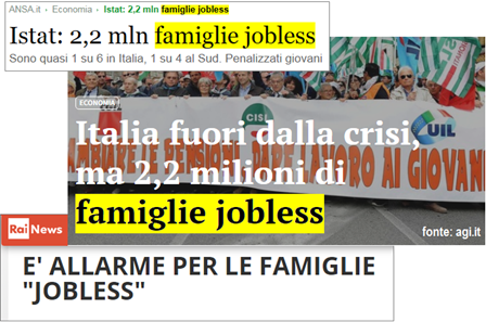 Istat: 2,2 mln famiglie jobless – Italia fuori dalla crisi, ma 2,2 milioni di famiglie jobless – È alarne per le famiglie “jobless”