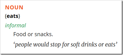 eats (informal): food or snacks – people would stop for soft drinks or eats