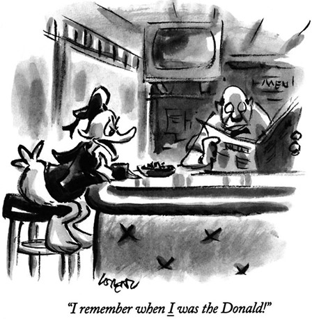 Paperino (Donald Duk) seduto al bancone di un bar: “I remember when I was the Donald!”