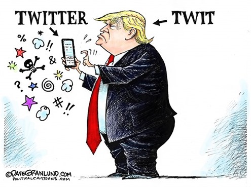 vignetta con Trump che twitta messaggi ostici e due frecce con la parola TWITTER per il suo telefono e TWIT per Trump 