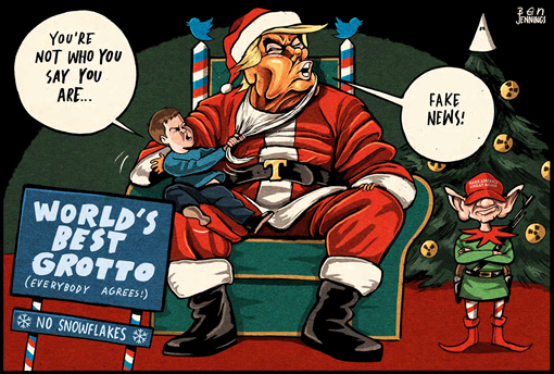 vignetta con Donald Trump vestito da Babbo Natale con un bambino sulle ginocchia che lo smaschera ma Trump risponde “Fake news!”. In primo piano cartello con la scritta WORLD’S BEST GROTTO (everybody agrees) e NO SNOWFLAKES. 