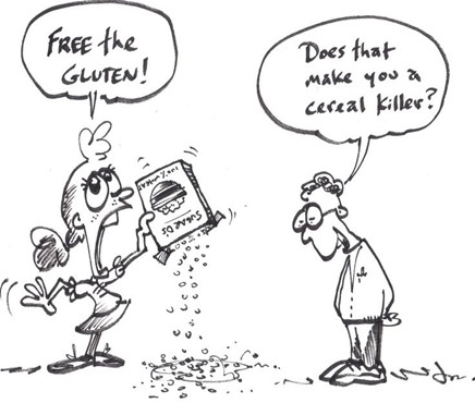 Vignetta con donna che rovescia il contenuto di una scatola di corn flakes e dice “Free the gluten!” e uomo che commenta “Does that  make you a cereal killer?”