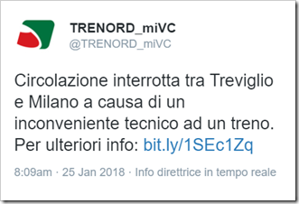 tweet Trenord: Circolazione interrotta tra Treviglio e Milano a causa di un inconveniente tecnico ad un treno.