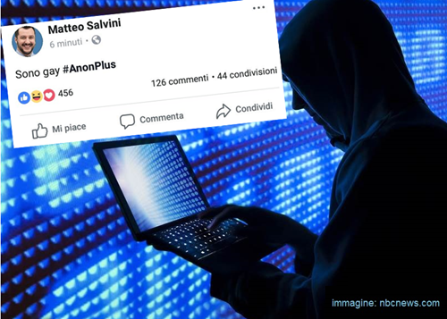 immagine di ragazzo con felpa con cappuccio, al computer, ed esempio di messaggio di hacker sul profilo Facebook di Matteo Salvini: “Sono gay #AnonPlus” 