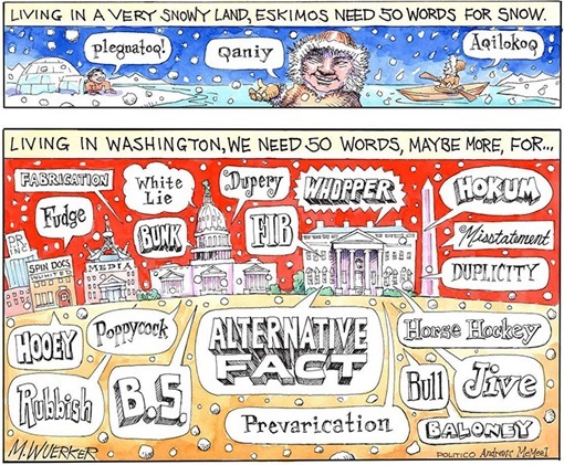 vignetta che confronta le parole Inuit per la neve a parole necessarie per descrivere tutte le falsità che circolano a Washington