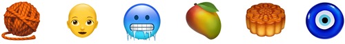 nuove emoji Apple: gomitolo, testa pelata, faccina congelata, mango, moon cake, Nazar amulet