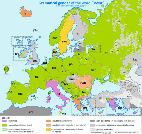 carta che mostra il genere grammaticale di Brexit nelle lingue europee