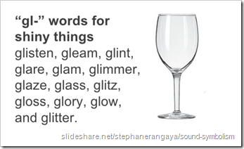 “gl-“ words for shiny things: glisten, gleam, glint, glare, glam, glimmer, glaze, glass, glitz, gloss, glory, glow, glitter