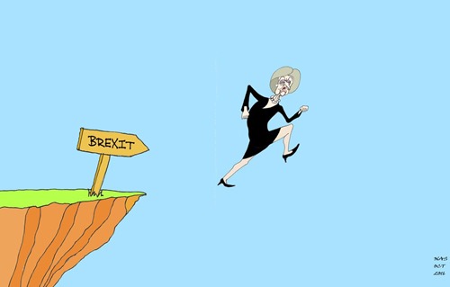 Theresa May che cammina  nel vuoto prima di cascare nel precipizio