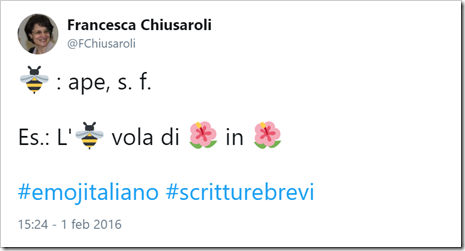 Tweet di @Fchiusaroli: “[emoji ape] ape, s. f.  Es. L’[emoji ape] vola di [emoji ibisco] in [emoji ibisco] #emojitaliano #scritturebrevi”
