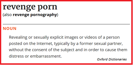 definizione di revenge porn da Oxford Dictionaries: Revealing or sexually explicit images or videos of a person posted on the Internet, typically by a former sexual partner, without the consent of the subject and in order to cause them distress or embarrassment.