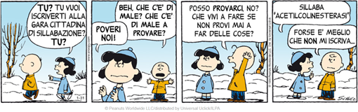 traduzione italiana in cui Lucy dice a Charlie Brown: “sillaba acetilcolinesterasi”   
