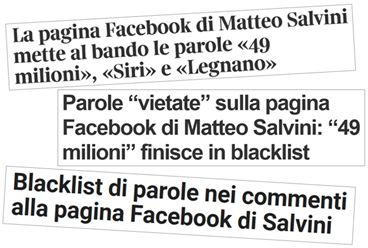 La pagina Facebook di Matteo Salvini mette al bando le parole “49 milioni”, “Siri” e “Legnano”; Parole vietate sulla pagina Facebook di Matteo Salvini: 49 milioni finisce in blacklist; Blacklist di parole nei commenti alla pagina Facebook di Salvini
