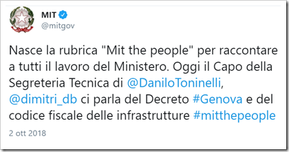 tweet da @mitgov: Nasce la rubrica “Mit the people” per raccontare a tutti il lavoro del Ministero. Oggi il Capo della Segreteria Tecnica di 
