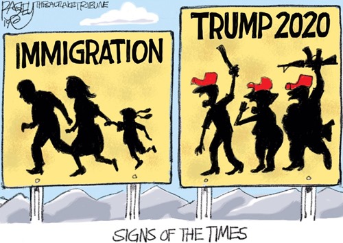 cartello giallo dei migranti inseguiti da figure minacciose con cappellino rosso MAGA e didascalia SIGNS OF THE TIMES