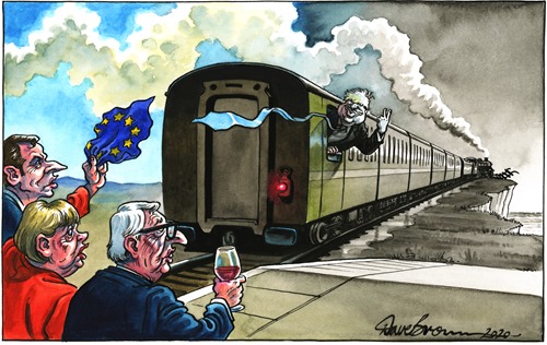 treno che si avvia verso il precipizio con Boris Johnson al finestrino che fa il segno della vittoria