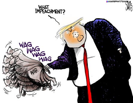 vignetta con Trump che scuote per la coda un cane con scritta WAR e intanto chiede What impeachment? 