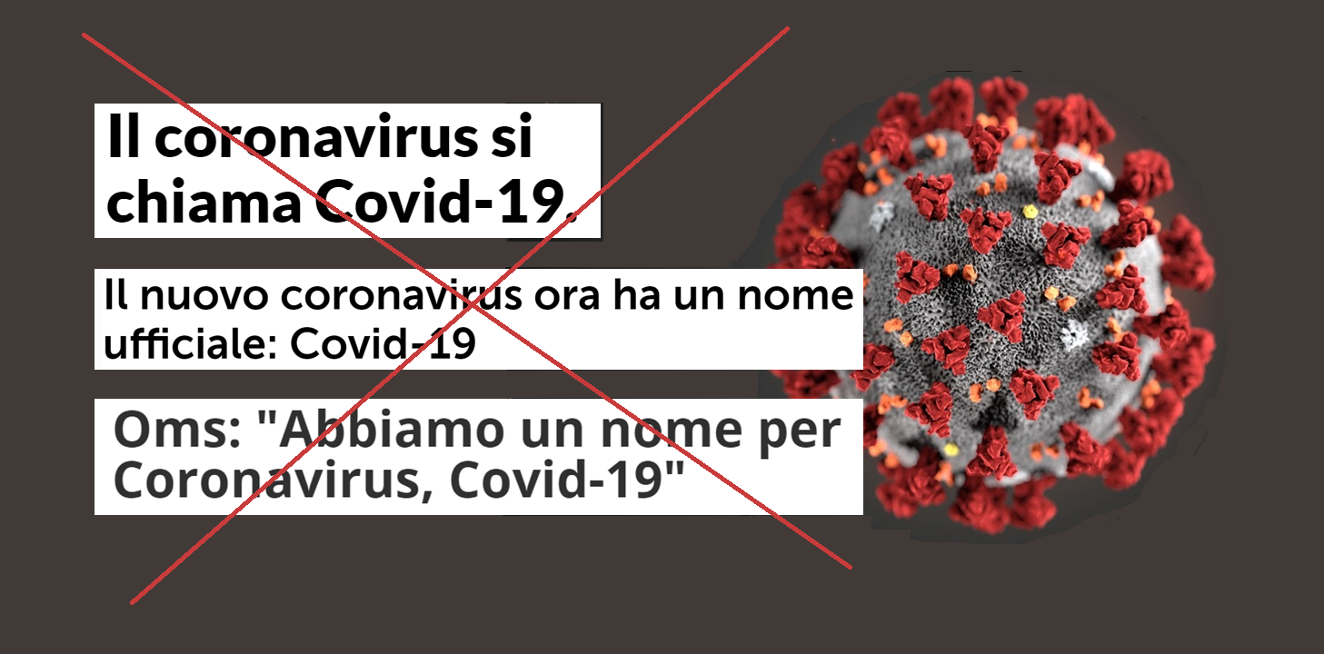 Immagine di coronavirus ed esempi di titoli:  Il coronavirus si chiama Covid-19; Il nuovo coronavirus ora ha un nome ufficiale: Covid-19; Oms: “Abbiamo un nome per Coronavirus, Covid-19” 