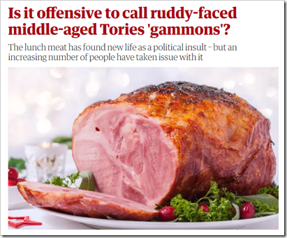 titolo di The Guardian: Is it offensive to call ruddy-faced middle-aged Tories “gammons”? The lunch meat has found new life as a political insult – but an increasing number of people have taken issue with it