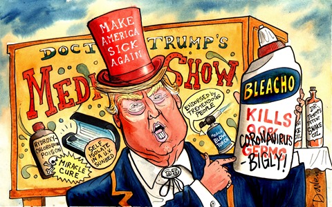 VIgnetta intitolata Doctor Trump’s Medical Show dove si vede Trump in abbigliamento Far West con con cappello rosso MAKE AMERICA SICK AGAIN intento a vendere candeggina come cura miracolosa. 