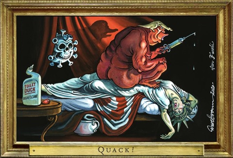Vignetta: nella composizione che rimanda al dipinto Trump ha appena ucciso America con iniezione di Toilet Duck