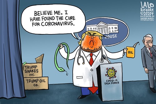 Vignetta: Trump travestito da medico con in mano un serpente e una latta di olio da macchina: “Believe me, I have found the cure for coronavirus”. Sullo sfondo Fauci che si copre il volto con la mano (facepalm)