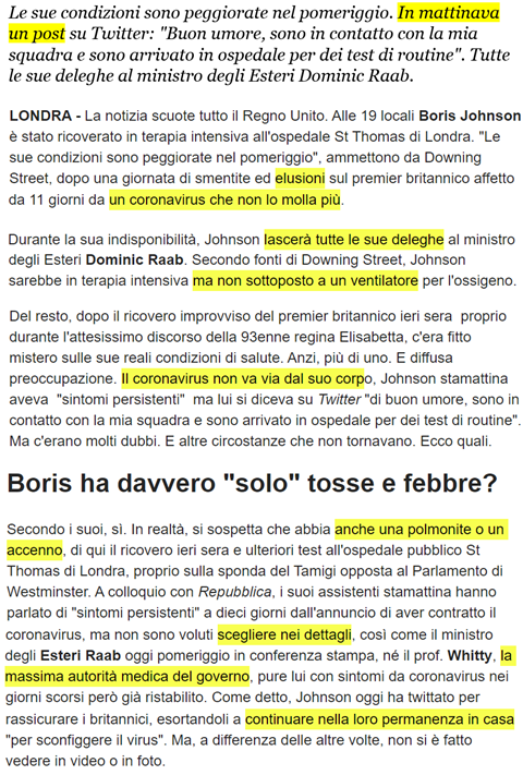 schermata di un articolo sul ricovero di Boris Johnson con frasi come “sottoposto a ventilatore”, “smentite ed elusioni”, “il coronavirus non va via dal suo corpo e non lo molla più”...