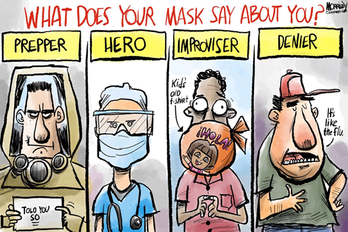 VIgnetta: what does your mask say about you? e 4 diversi tipi di persona; prepper, hero, improviser, denier