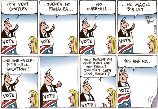 VIgnetta in cui un politico usa sinonimi di “no magic bullet”: no panacea, no cure-all, no one-size-fits-all solution