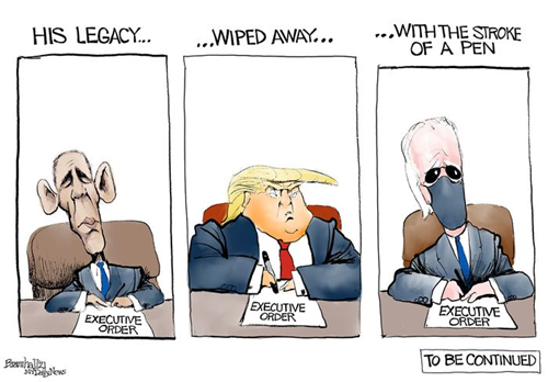 Vignetta con Obama, Trump e BIden che firmano executive order