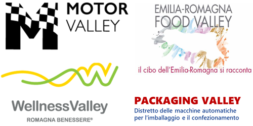 Logo: 1 Motor Valley; 2 Emilia-Romagna Food Valley (il cibo dell’Emilia-Romagna si racconta); 3 Wellness Valley (Romagna Benessere);  Packaging Valley (distretto delle macchine automatiche per l’imballaggio e il confezionamento)