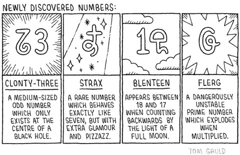 vignetta di Tom Gauld intitolata NEWLY DISCOVERED NUMBERS con 4 esempi tra cui Newly discovered numbers: strax, a rare number which behaves exactly like seven, but with extra glamour and pizzazz