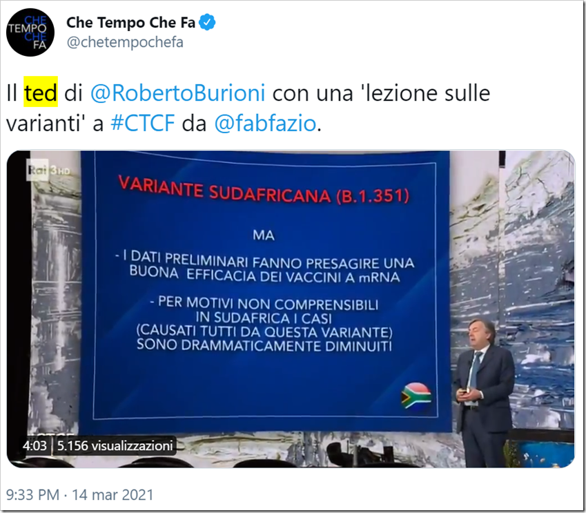 tweet del programma televisivo Che Tempo Che Fa: “il ted di Roberto Burioni con una lezione sulle varianti a CTCF da Fabio Fazio