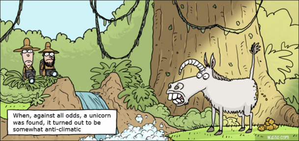 Vignetta: un unicorno viene sorpreso da due esploratori mentre sta facendo i suoi bisogni. Didascalia: “When, against all odds, a unicorn was found, it turned out to be somewhat anti-clilmactic” 