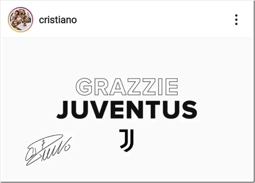 GRAZZIE JUVENTUS (schermata dal messaggio su Instagram di Cristiano Ronaldo)