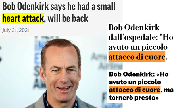 Titolo inglese: Bob Odenkirk says he had a small heart attack, will be back. Titoli italiani: 1 Bob Odenkirk dall’ospedale: “Ho avuto un piccolo attacco di cuore”: 2 Bob Odenkirk: “Ho avuto un piccolo attacco di cuore, ma tornerò presto”