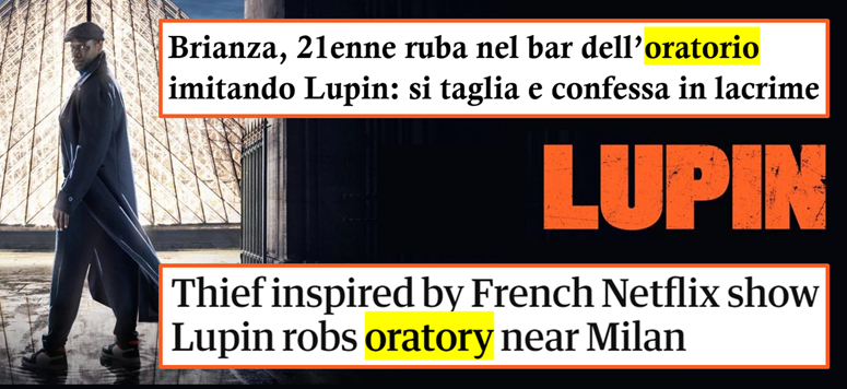 Titoli: 1) Brianza, 21enne ruba nel bar dell’oratorio imitando Lupin: si taglia e confessa in lacrima; 2) Thief inspired by French Netflix show Lupin robs oratory near Milan
