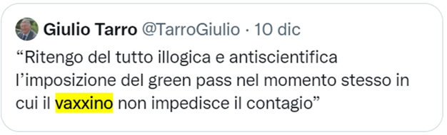 Tweet del virologo Giulio Tarro: “Ritengo del tutto illogica e antiscientifica l’imposizione del green pass nel momento stesso in cui il vaxxino non impedisce il contagio”