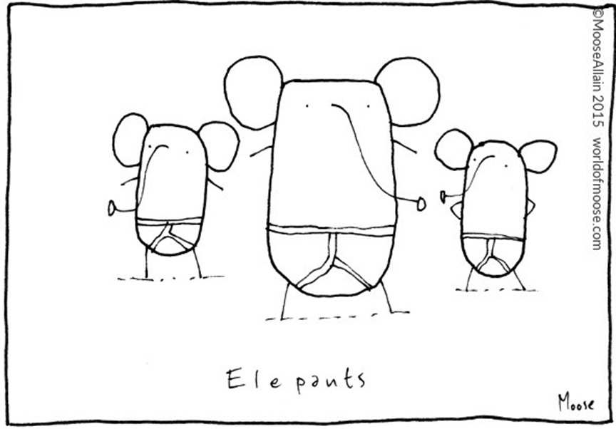 vignetta intitolata Elepants con elefanti che indossano slip