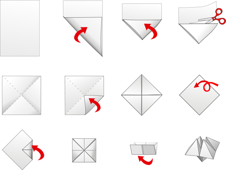 Immagine con le istruzioni passo passo per costruire il giochino piegando un foglio di carta quadrato