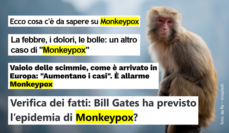 Titoli: 1 Ecco cosa c’è da sapere su Monkeypox; 2 La febbre, i dolori, le bolle: un altro caso di “Monkeypox”; 3 Vaiolo delle scimmie, come è arrivato in Europa: “Aumentano i casi”. È allarme Monkeypox; 4 Verifica dei fatti: Bill Gates ha previsto l’epidemia di Monkeypox? 