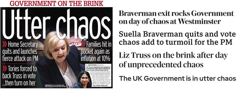 Titoli di media britannici del 20 ottobre 2022: “Utter chaos, government on the brink”; “Braverman exit rocks Government on day of chaos at Westminster”; Suella Braverman quits and vote chaos add to turmoil for the PM”; Liz Truss on the birnk after day of unprecedented chaos”
